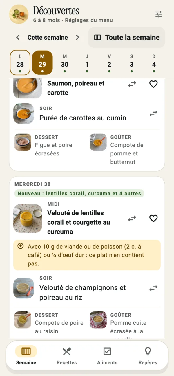 Le menu jour après jour : le midi, le soir, le dessert et le goûter, et la viande, le poisson ou l’œuf à ajouter