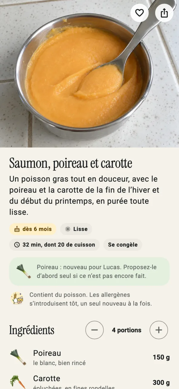 Recette maquereau, panais et carotte : dès 7 mois, mixée, 35 minutes, se congèle