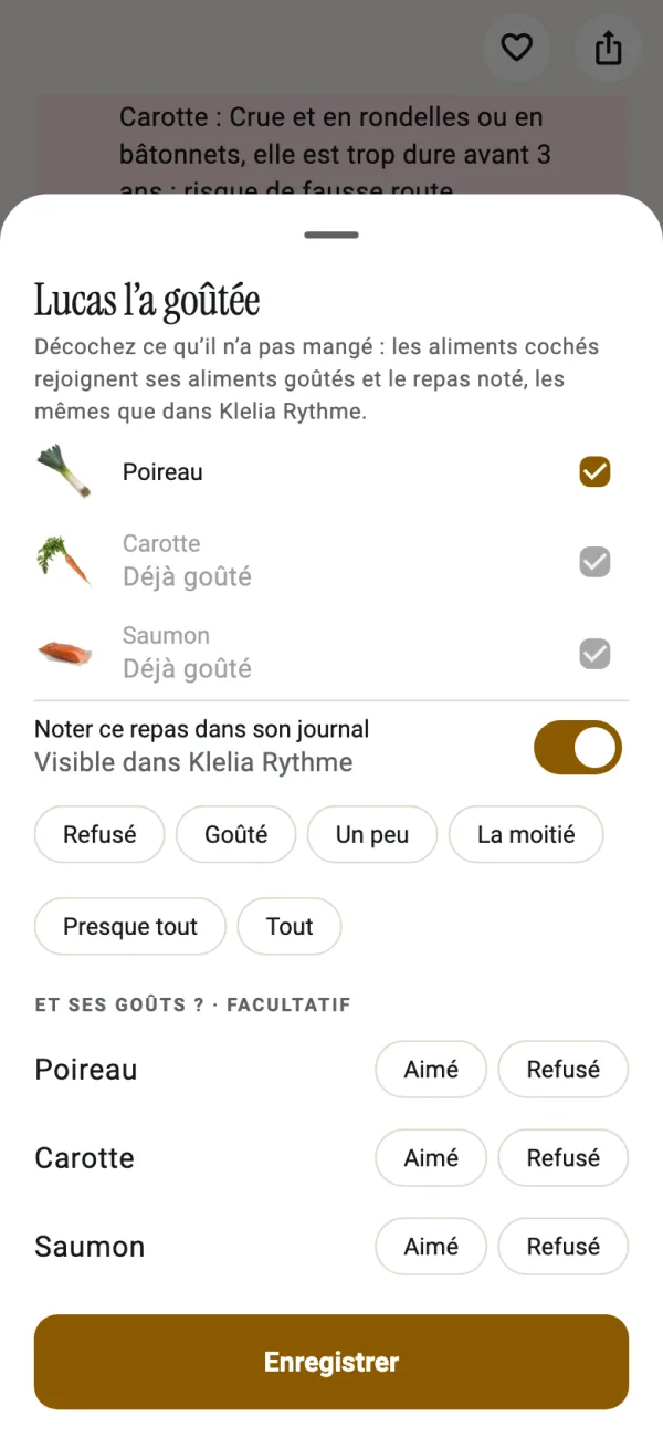 Lucas l’a goûtée : les aliments cochés, le repas noté dans Klelia Rythme, combien il en a mangé et ce qu’il a aimé ou refusé