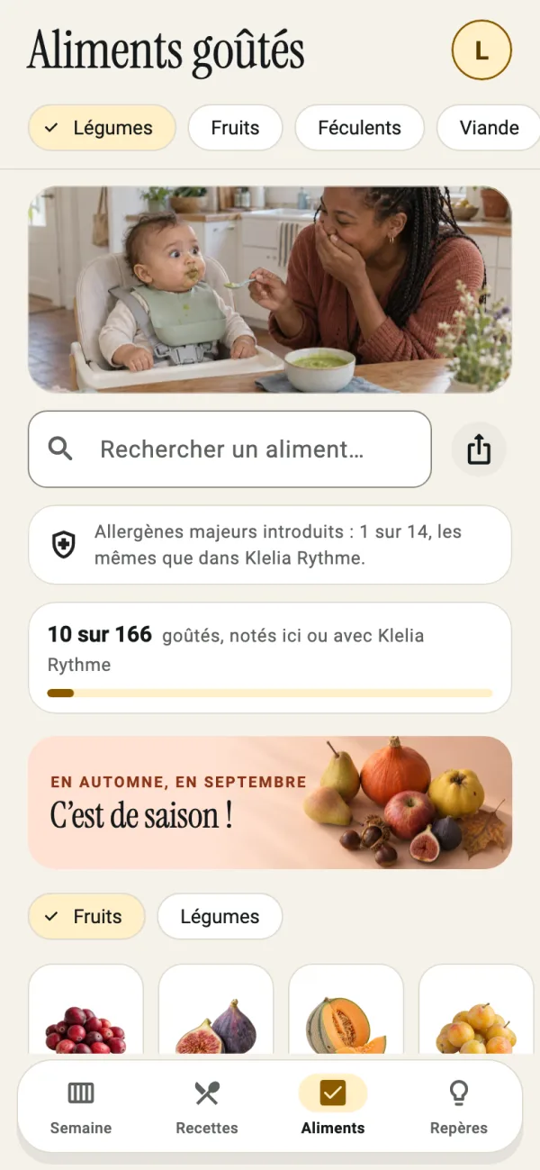 Aliments goûtés : 10 sur 166, les allergènes majeurs introduits et les aliments de saison