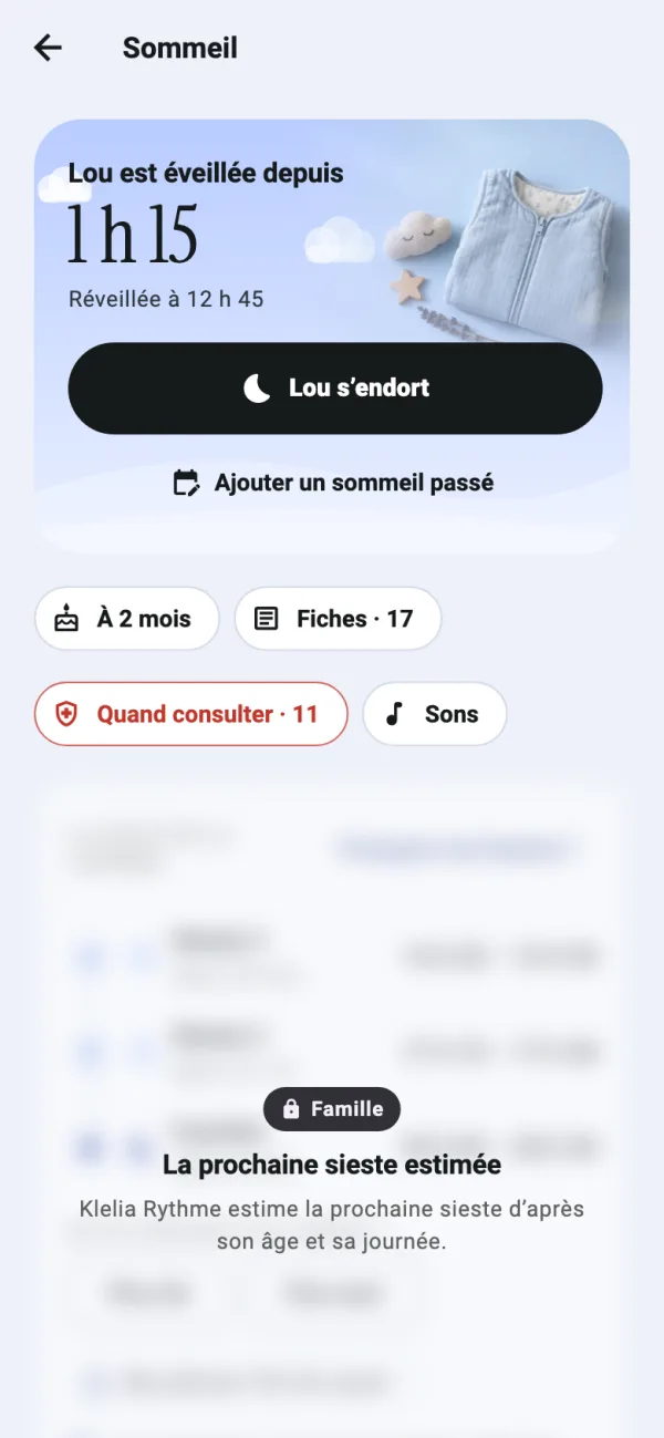 Sommeil : éveillée depuis 1 h 15, et la prochaine sieste estimée avec Klelia Famille