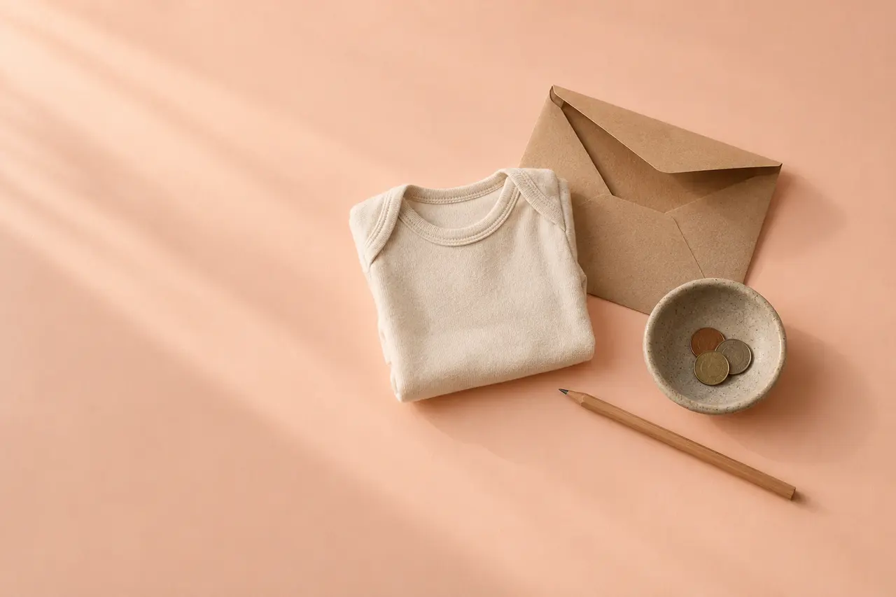 Sur un papier pêche, une enveloppe kraft entrouverte, un body plié, une coupelle de pièces et un crayon de bois.