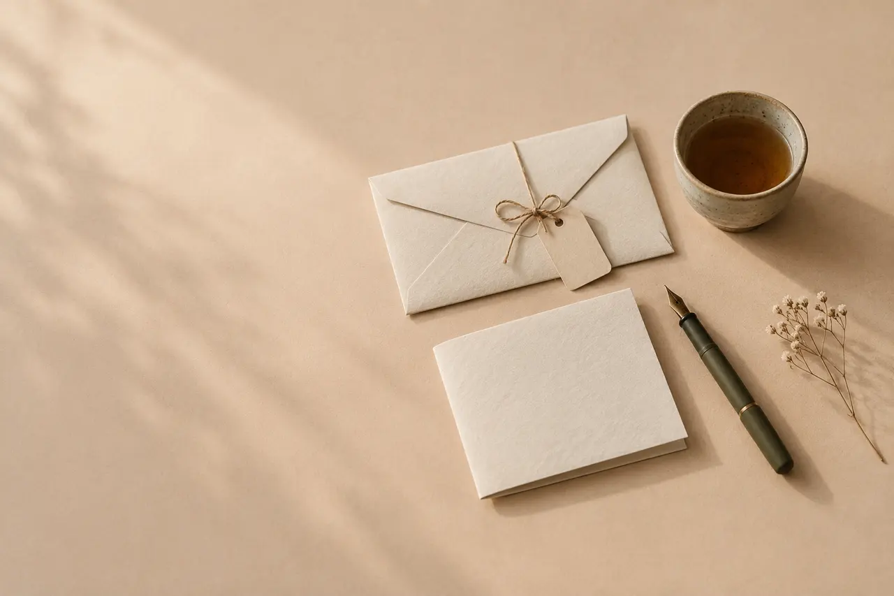 Sur un papier argile, une enveloppe fermée d'une ficelle, une feuille pliée, un stylo plume et une tasse de thé.