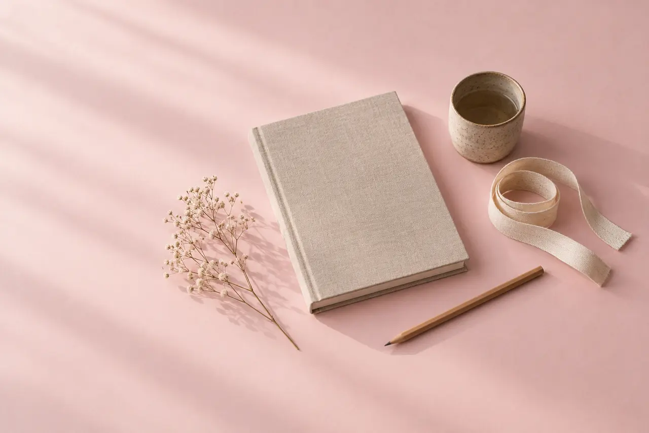 Sur un papier rose pâle, un carnet relié de lin, un mètre ruban en tissu, une petite tasse en grès et quelques fleurs séchées.