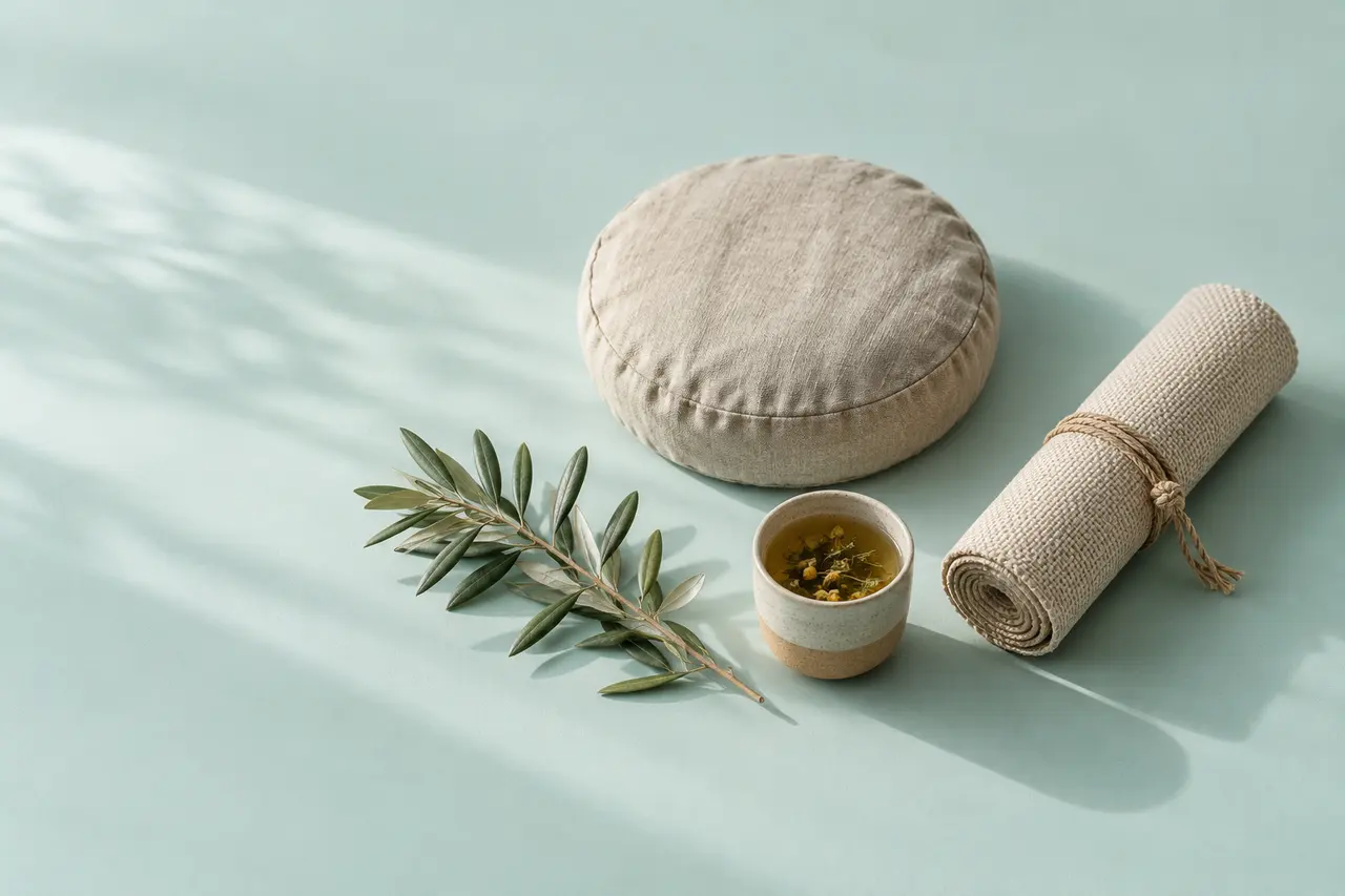 Sur un papier vert d'eau, un coussin rond en lin, un tapis de coton roulé, une tasse de tisane et un rameau d'olivier.