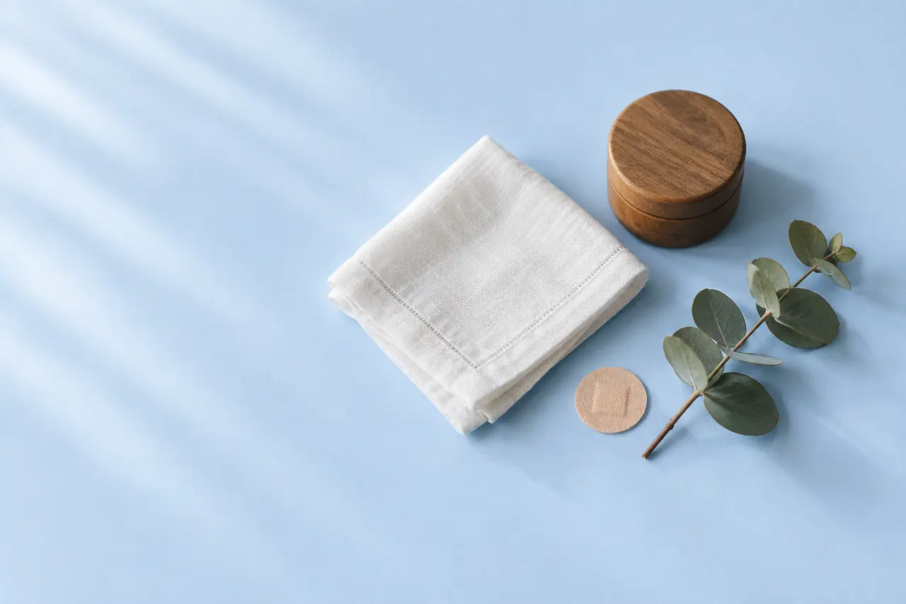 Sur un papier bleu pâle, un mouchoir de lin plié, une petite boîte en bois fermée, un pansement rond en coton et un brin d'eucalyptus.