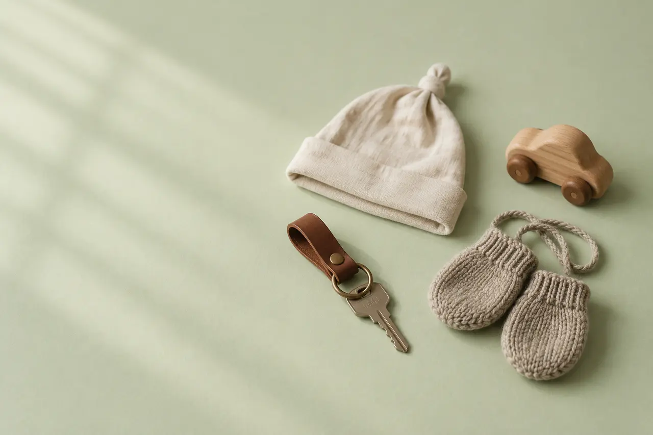 Sur un papier vert sauge, une clé de voiture sur un porte-clés en cuir, un bonnet de bébé plié, des moufles tricotées et une petite voiture en bois.
