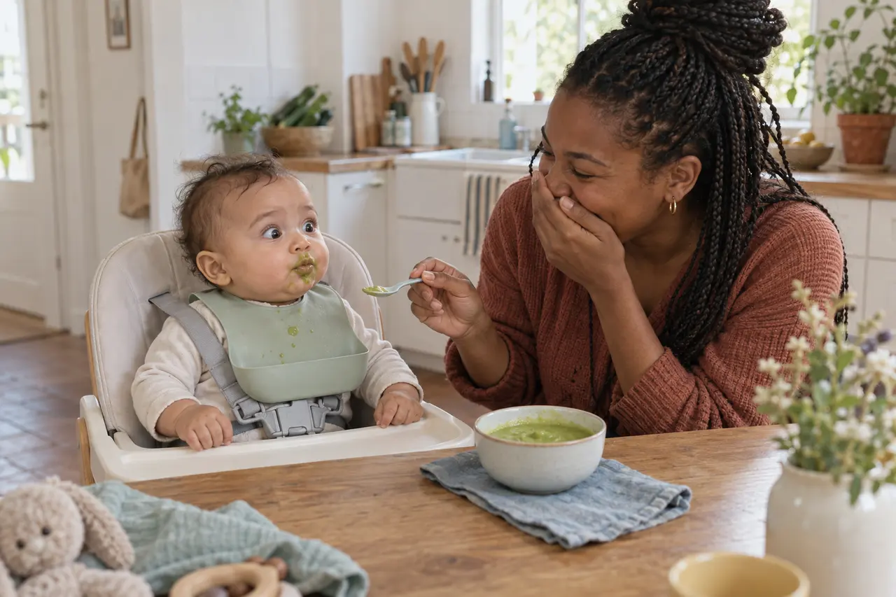 Un bébé de 6 mois surpris par une purée verte, sa mère rit.