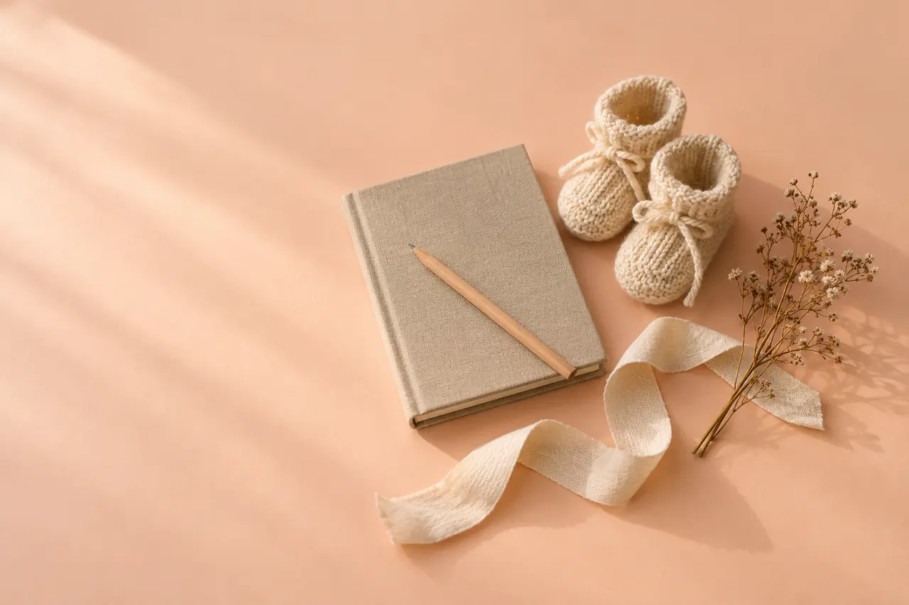 Sur un papier pêche, un carnet toilé et son crayon, des chaussons tricotés, un ruban de coton et un brin de fleurs séchées.