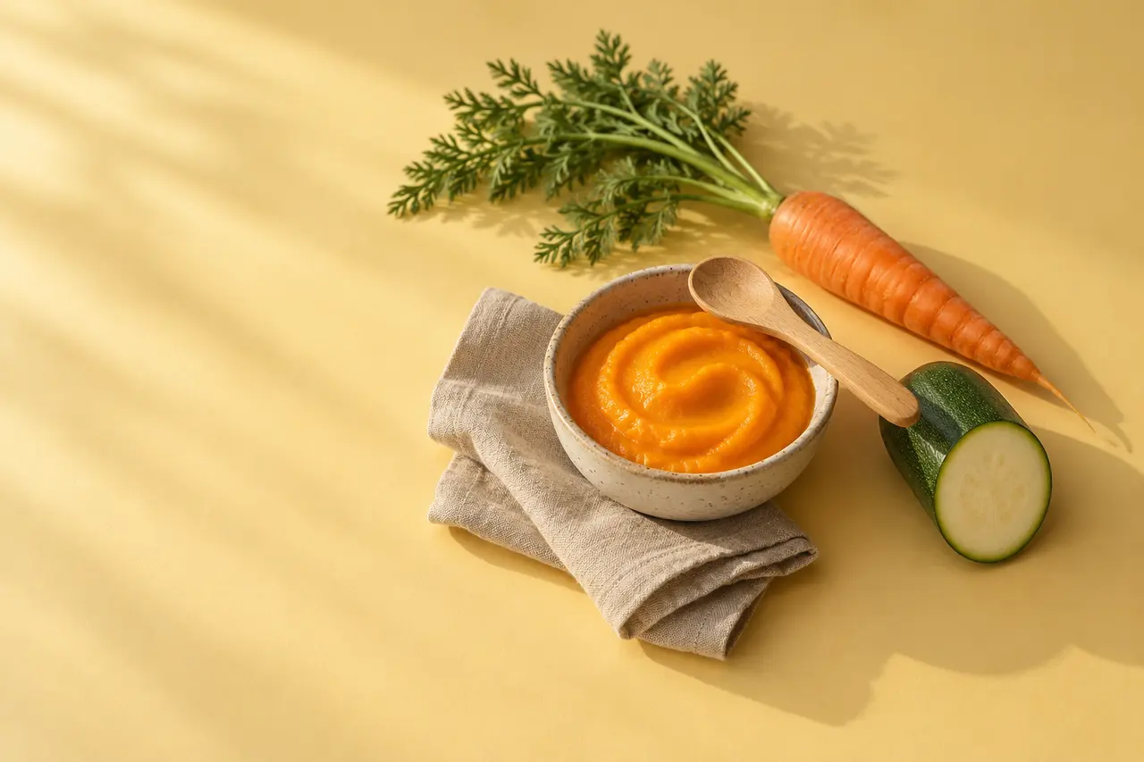 Sur un papier jaune beurre, un bol de purée de carotte et sa cuillère en bois, une carotte et ses fanes, une demi-courgette et une serviette en lin.