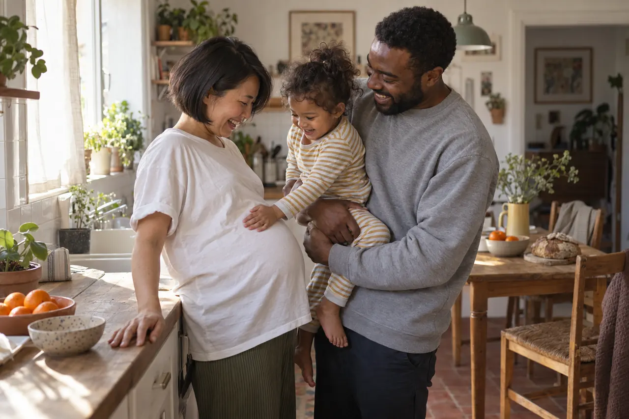 Dans la cuisine, un couple qui attend un deuxième bébé rit avec sa fille de 2 ans, dans les bras de son père.