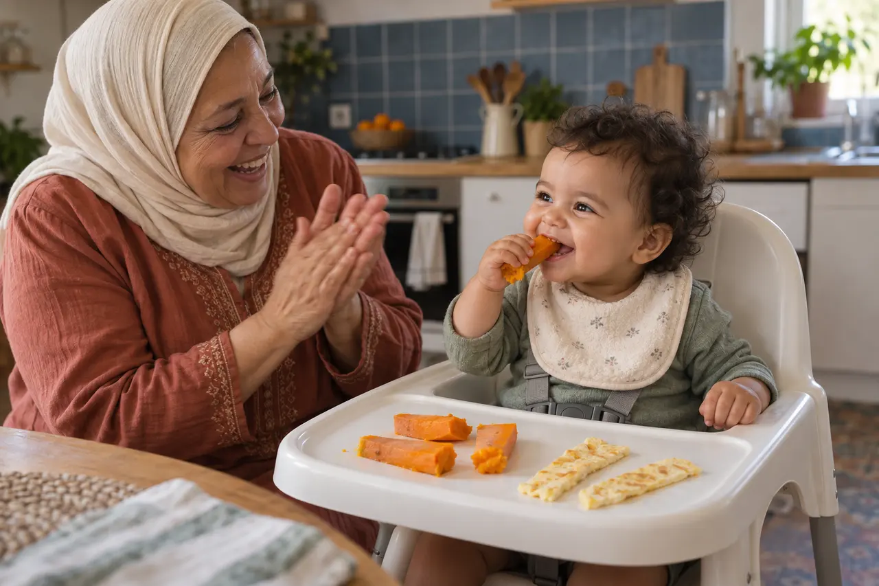 Un bébé de 10 mois porte fièrement un morceau à sa bouche, sa grand-mère applaudit.