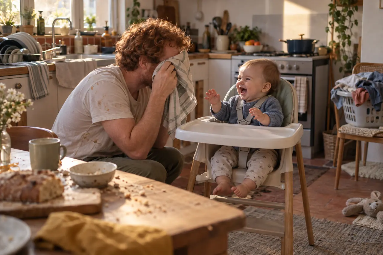 Dans une cuisine en désordre, un père fait rire son bébé de 7 mois.