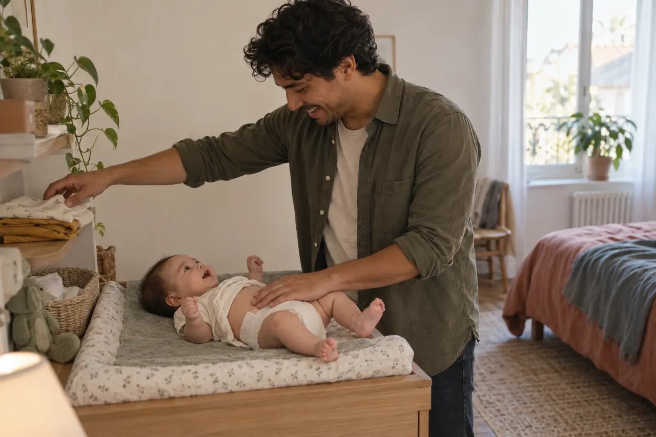 Un père change son bébé de 3 mois, une main posée sur son ventre.