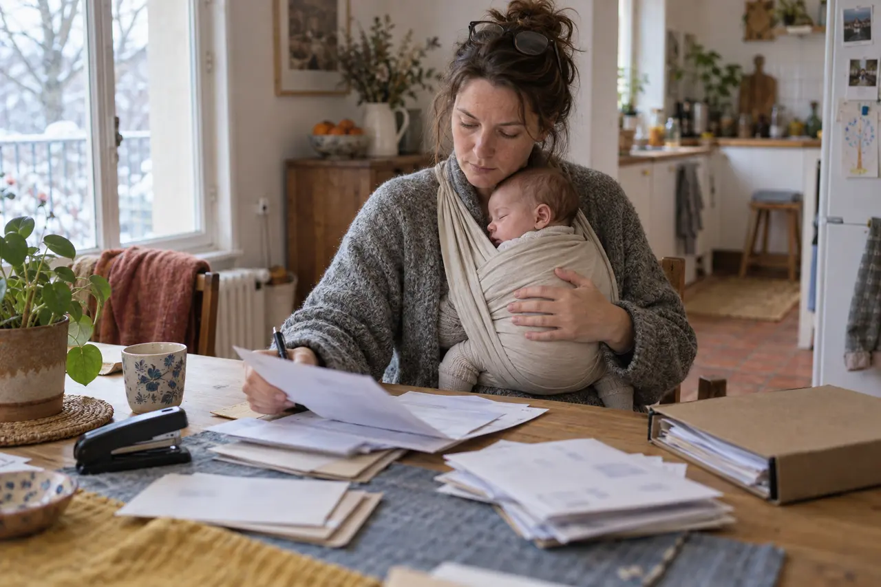 À la table de la cuisine, une mère trie des papiers, son bébé d’un mois endormi en écharpe contre elle.