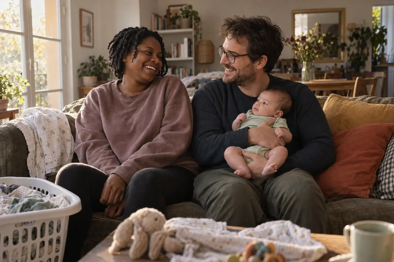 Sur le canapé, un couple fatigué mais complice rit, le père tient leur bébé de 2 mois.