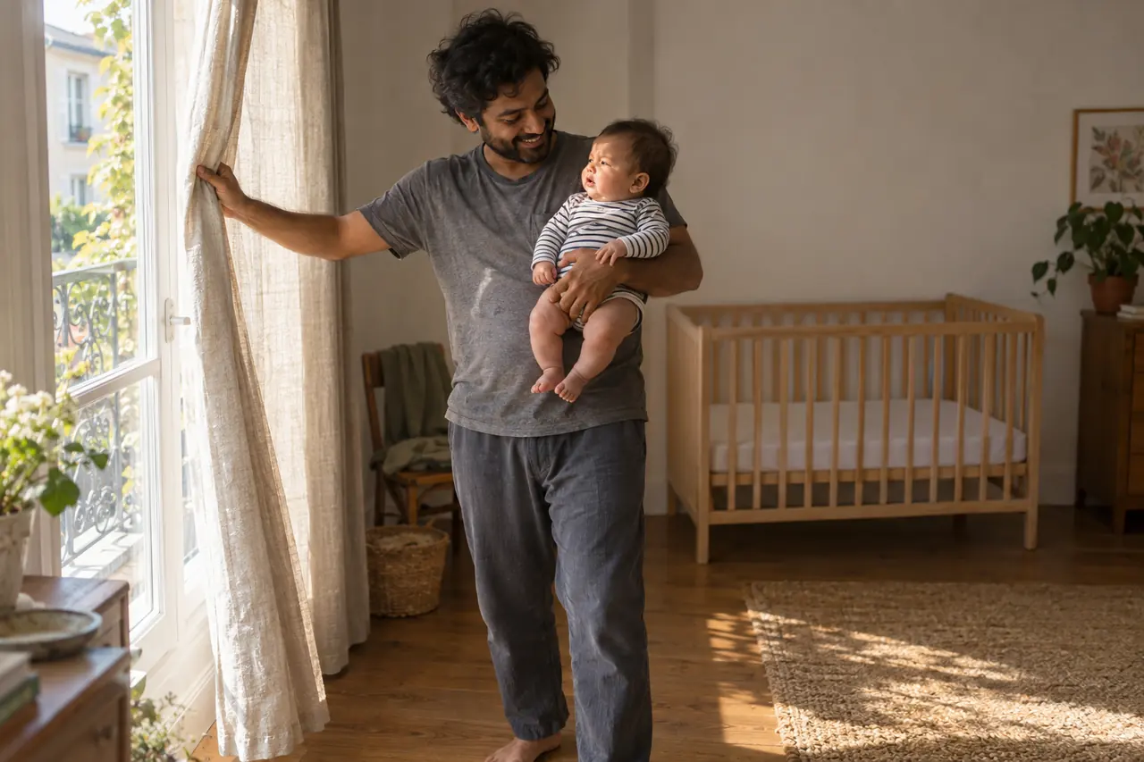 Le matin, un père ouvre les rideaux, son bébé de 5 mois éveillé dans les bras ; au fond, un lit à barreaux vide.