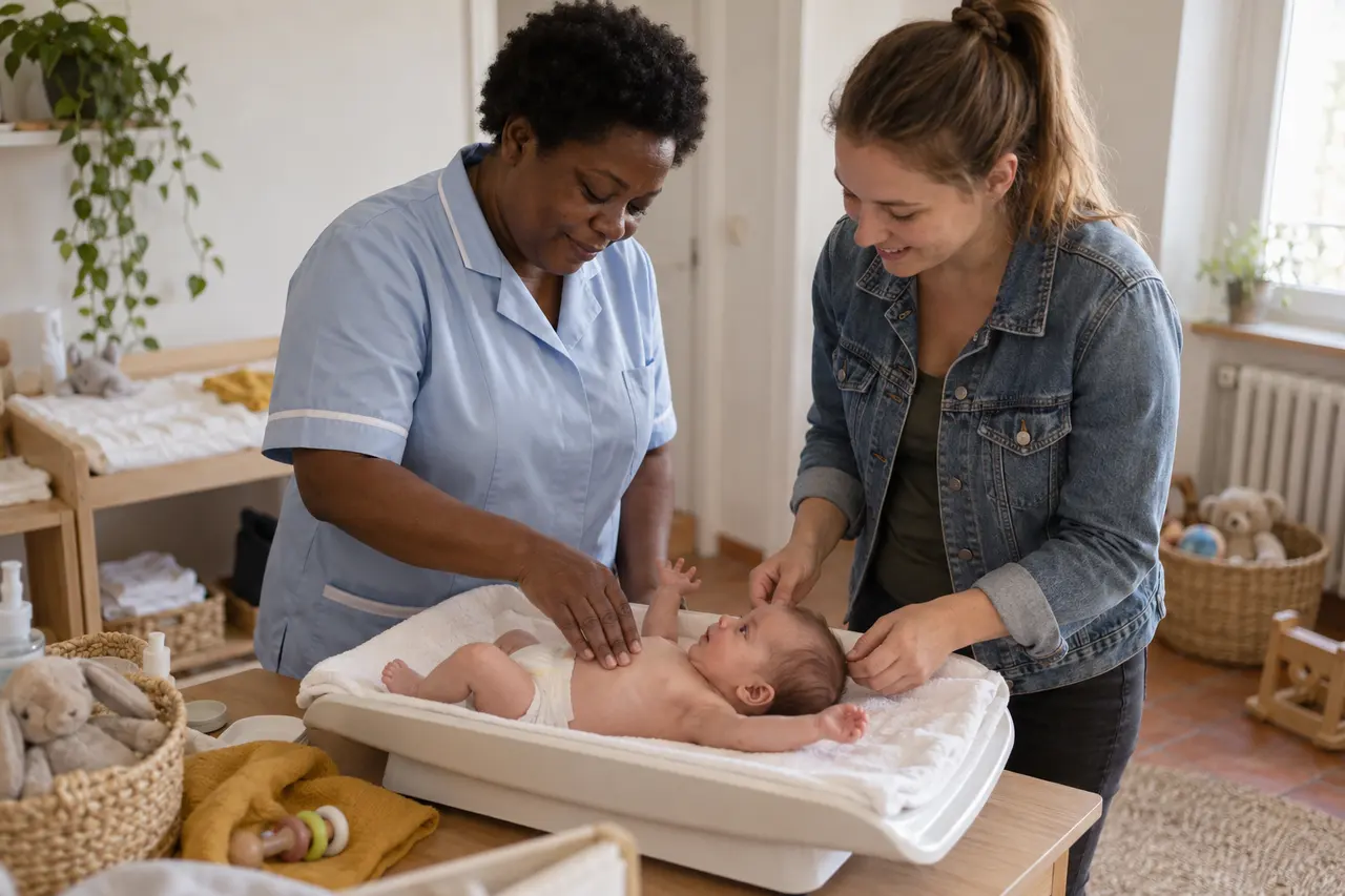 À la PMI, un bébé d’un mois est pesé, allongé sur le dos, sa mère à côté.
