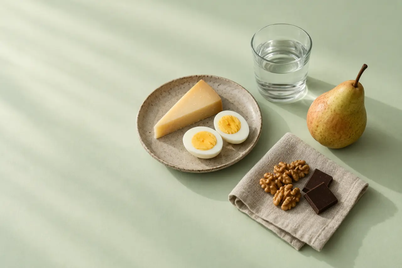 Sur un papier vert sauge, une part de comté sans sa croûte, deux moitiés d’œuf dur, des cerneaux de noix, deux carrés de chocolat, une poire et un verre d’eau.
