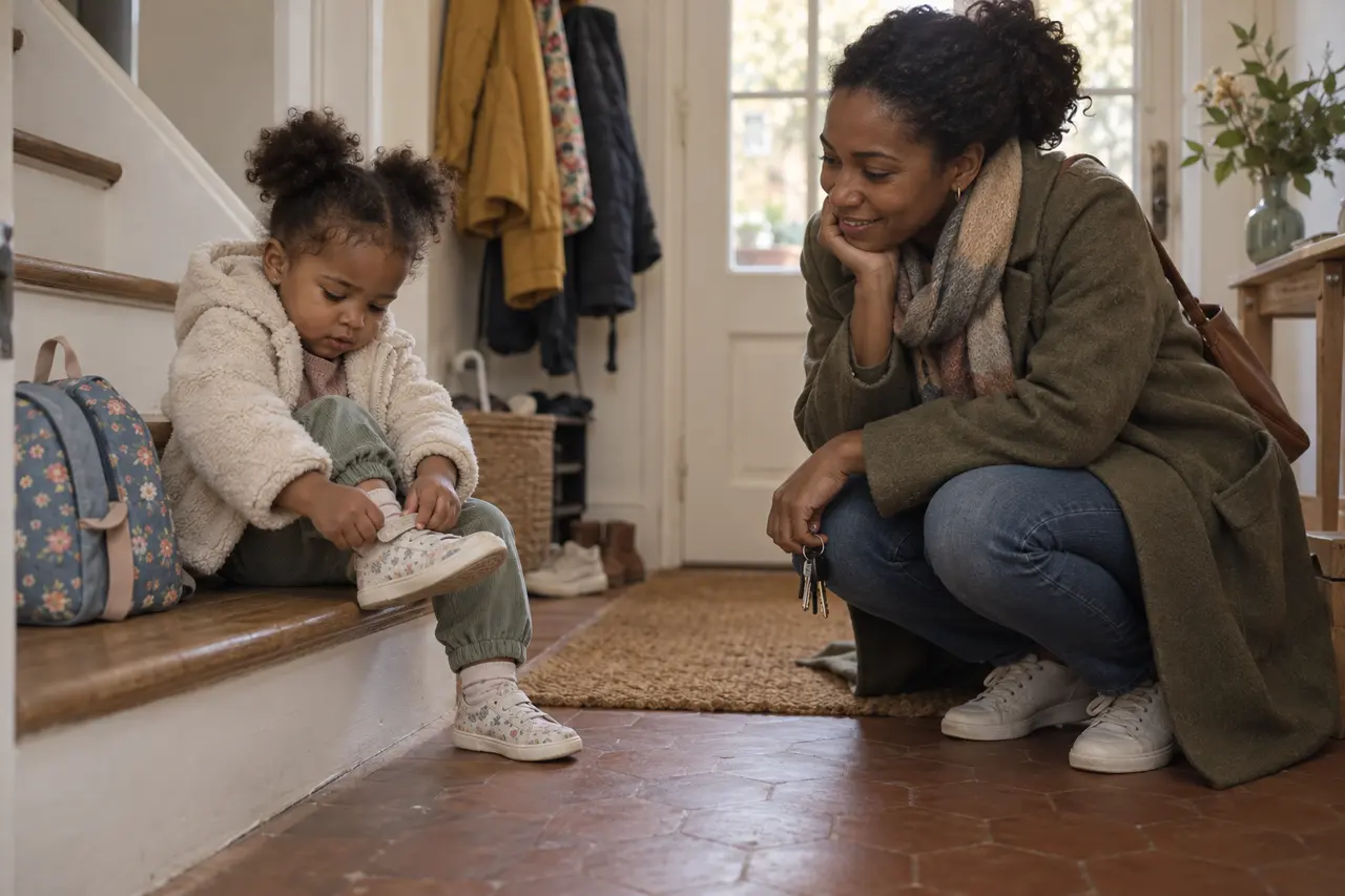 Une enfant de 2 ans et demi met ses chaussures seule, sa mère accroupie l’attend patiemment.