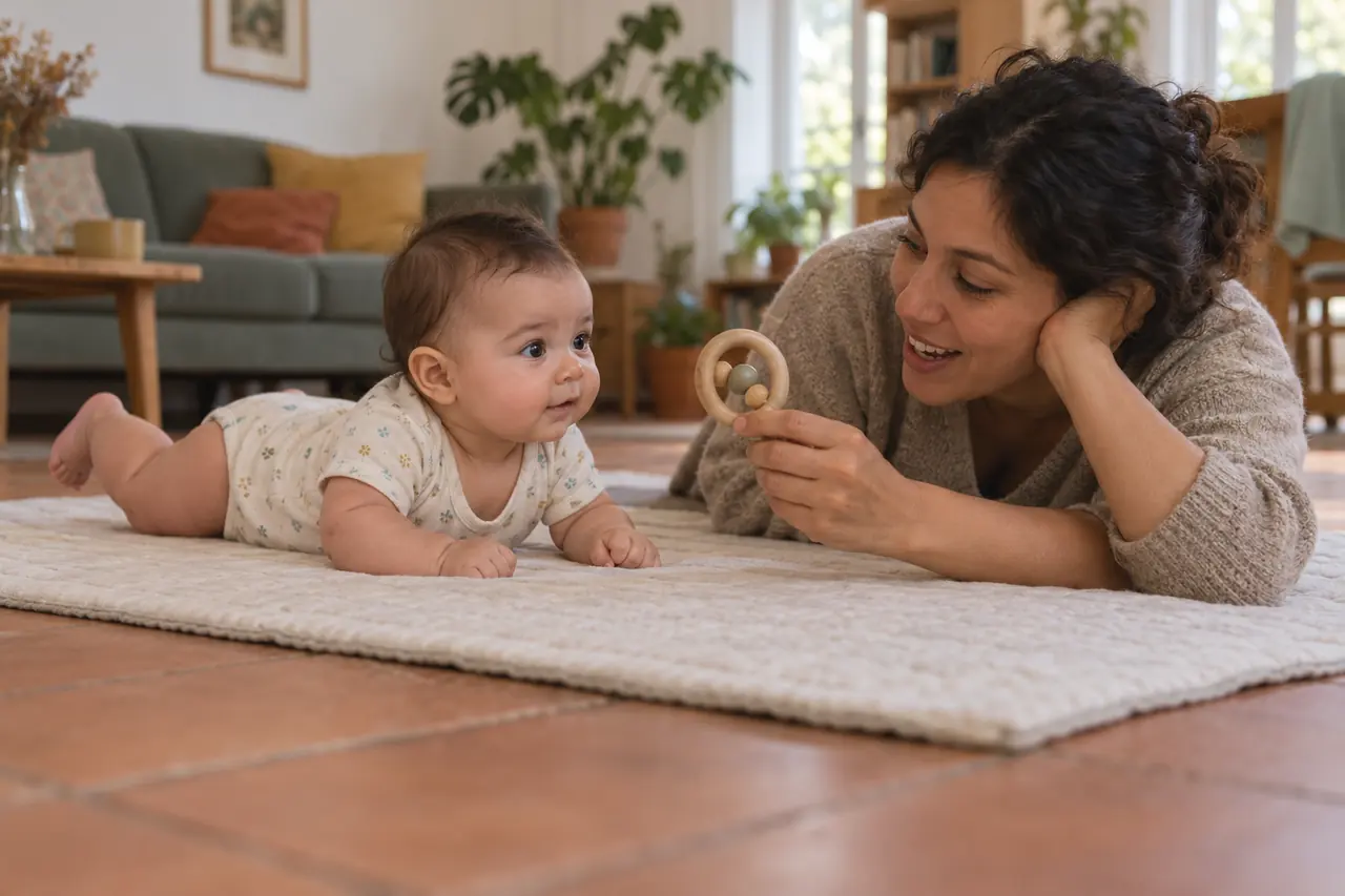 Sur le tapis d’éveil, un bébé de 4 mois sur le ventre relève la tête vers sa mère allongée face à lui.
