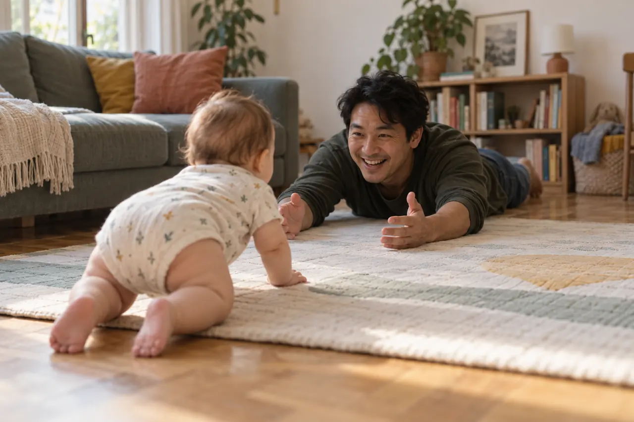 Un bébé de 8 mois avance à quatre pattes sur le parquet vers son père, allongé au sol.