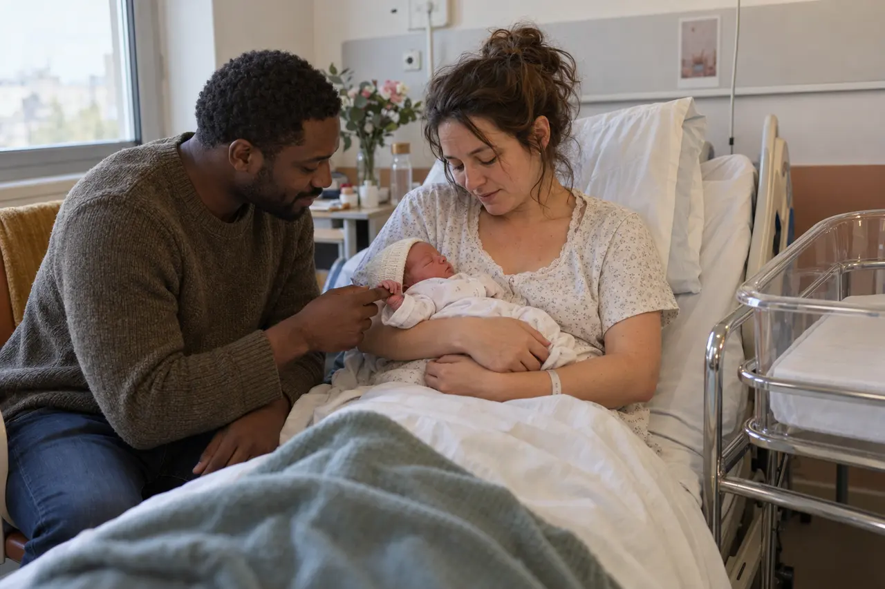 À la maternité, une mère tient son nouveau-né, le père assis tout près.