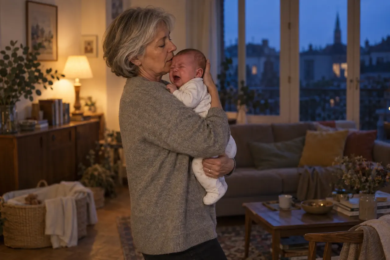 Le soir, une grand-mère berce en marchant un bébé de 6 semaines contre son épaule.