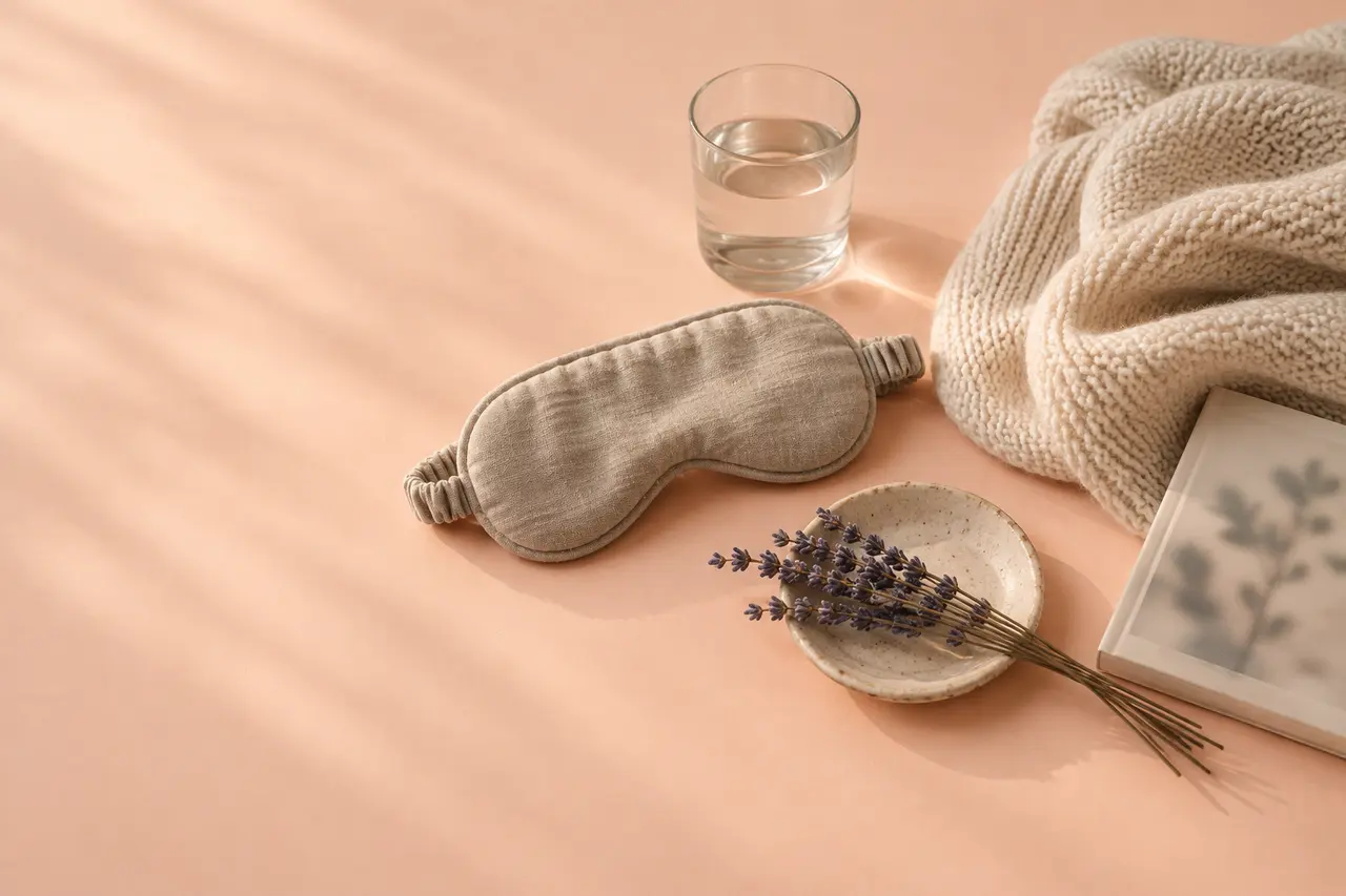 Sur un papier pêche, un masque de nuit en lin, un plaid tricoté plié, un verre d’eau et un brin de lavande.