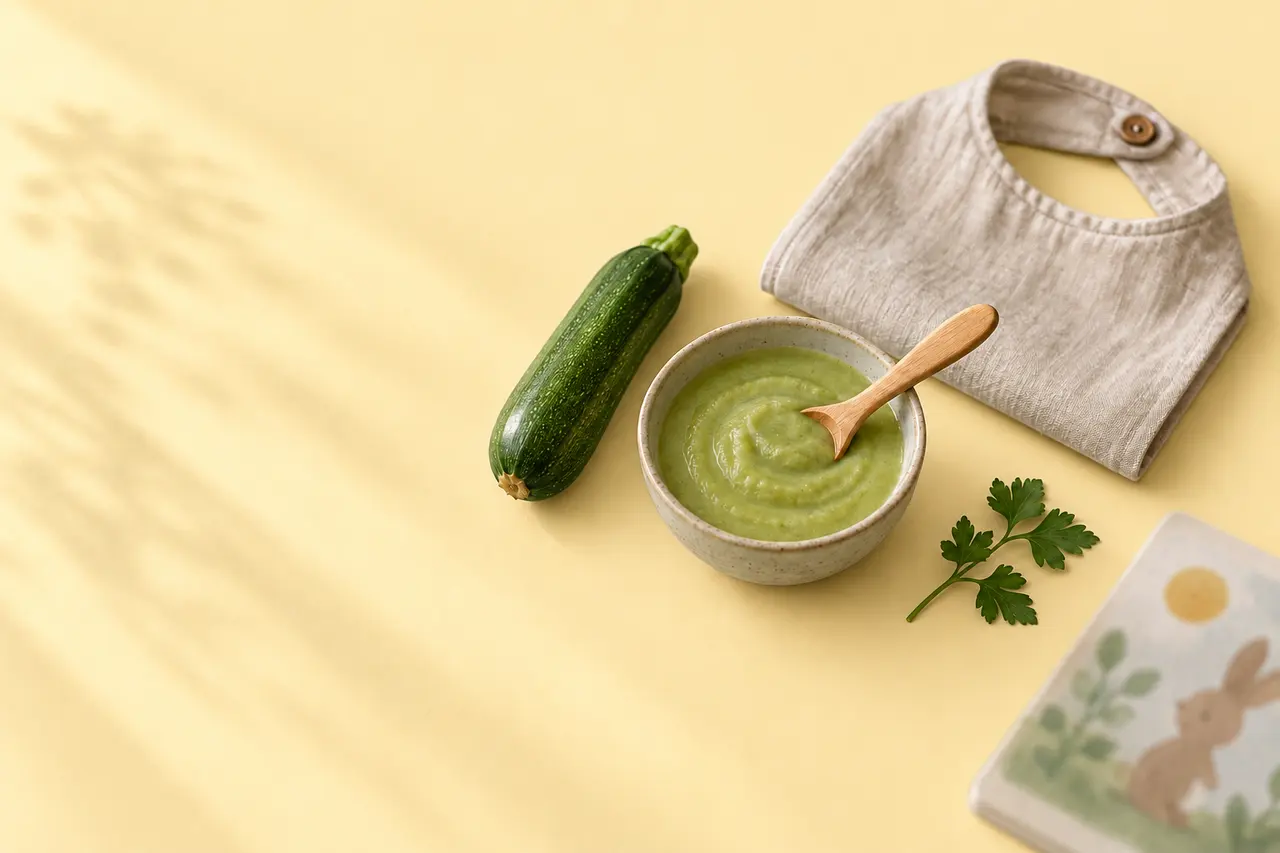 Sur un papier jaune beurre, un bol de purée de courgette lisse et sa cuillère en bois, un bavoir en lin, une courgette et un brin de persil.