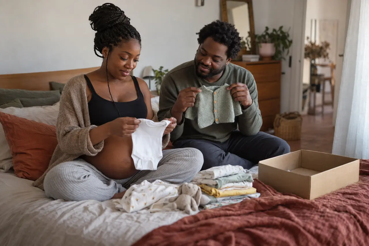 Un couple qui attend un bébé plie de petits bodys sur le lit.