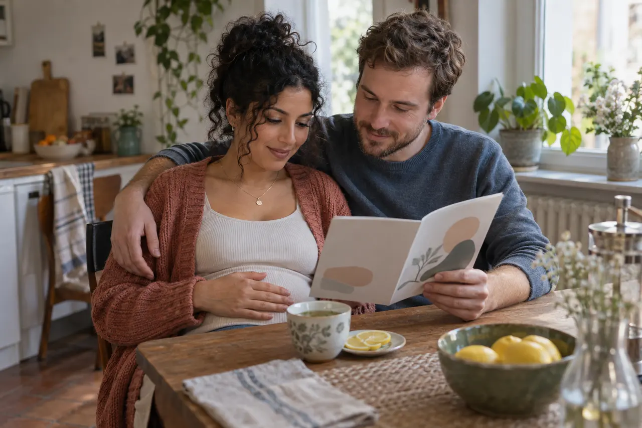 Au début de la grossesse, un couple lit ensemble le livret de suivi à la table de la cuisine.