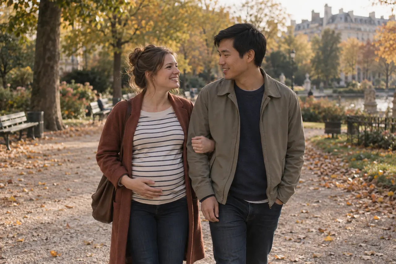 Vers le 5e mois, une femme enceinte se promène dans un parc avec son compagnon.