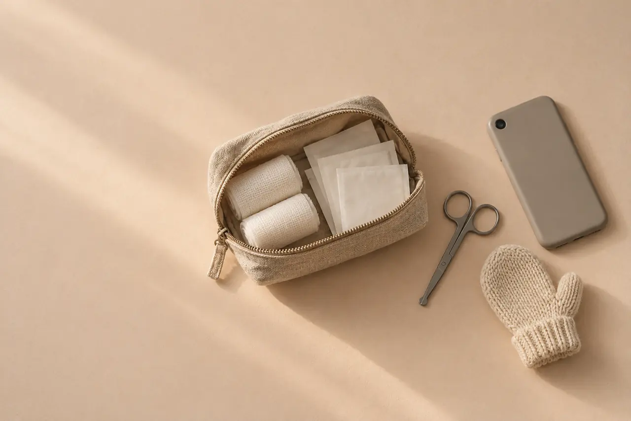 Sur un papier argile, une trousse de secours en lin ouverte sur des bandes et des compresses, des ciseaux à bouts ronds, une moufle d’enfant et un téléphone posé écran contre la table.