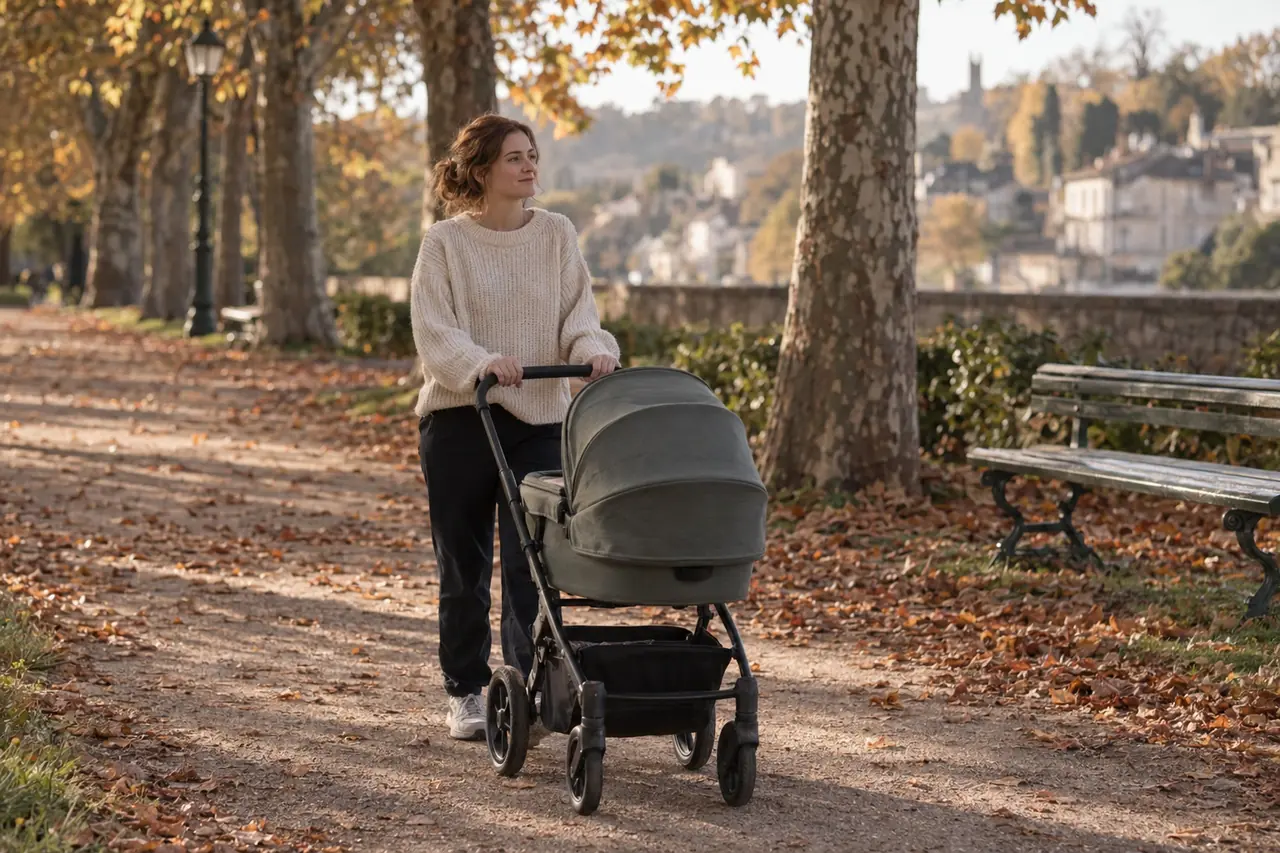 Dans un parc en automne, une jeune mère marche tranquillement en poussant un landau, l’air apaisé.