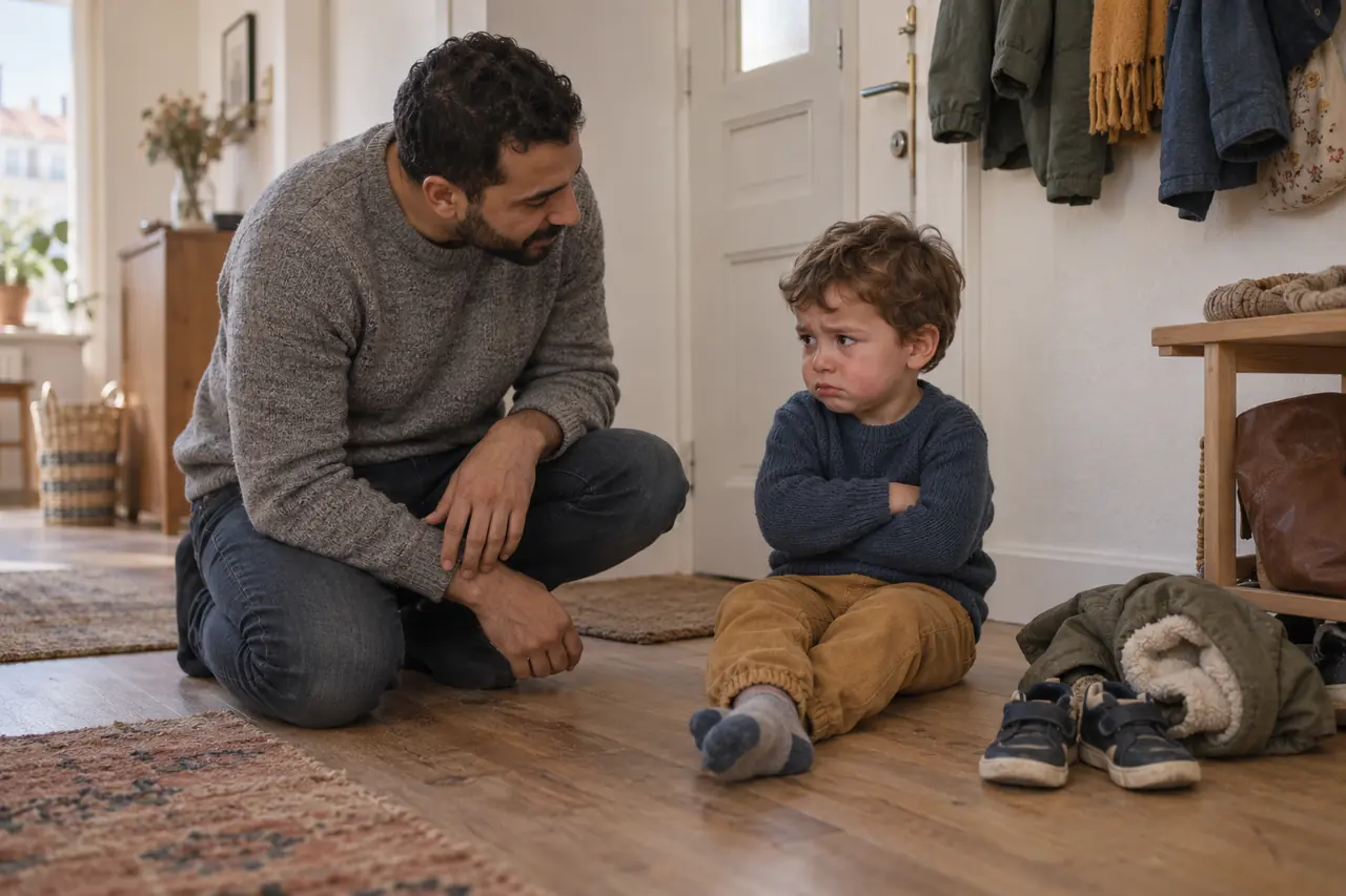 Dans l’entrée, un enfant de deux ans et demi assis par terre boude, les bras croisés ; son père, accroupi à sa hauteur, attend calmement à côté de lui.