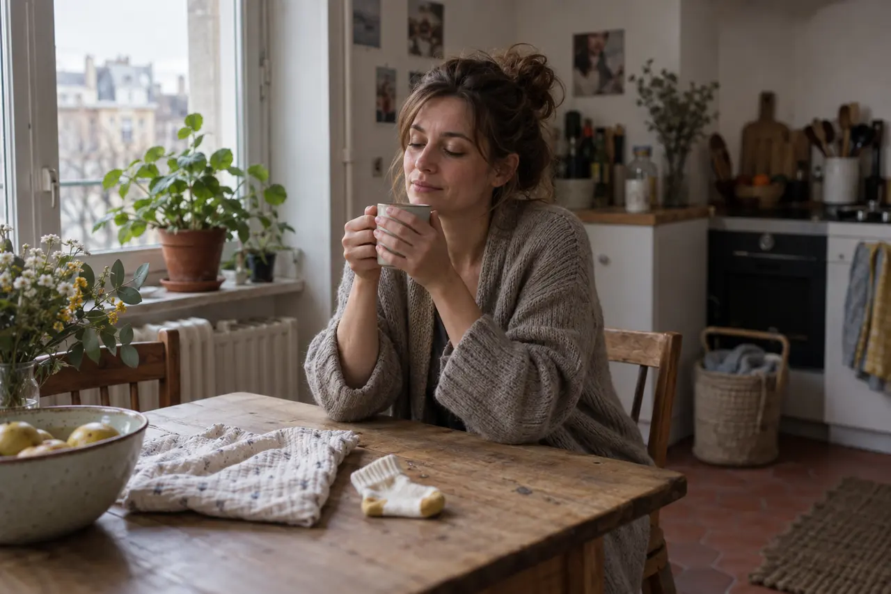Une mère prend un moment pour elle à la table de la cuisine, une tasse de thé entre les mains.