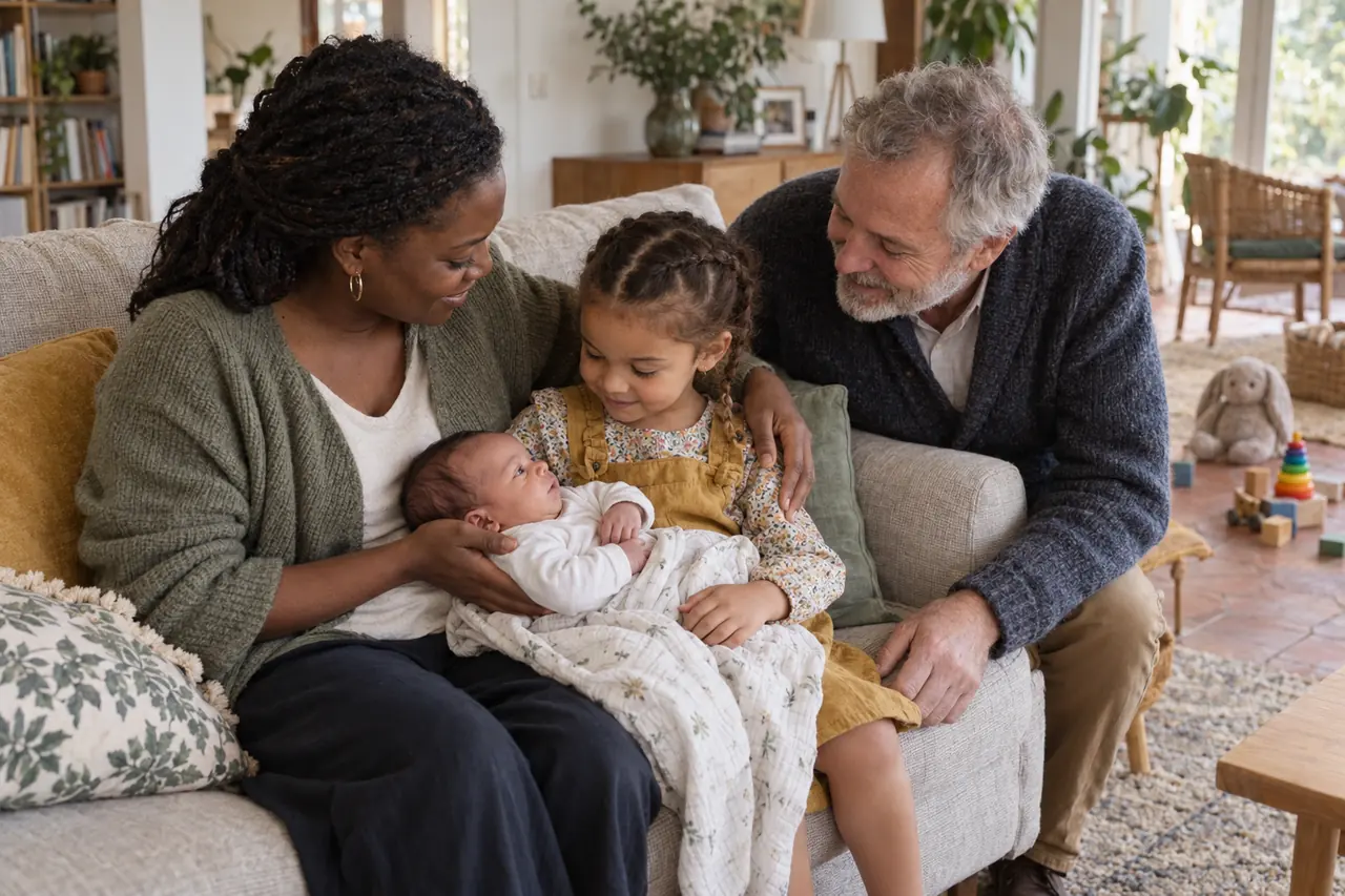 Sur le canapé, une petite fille de trois ans tient son petit frère nouveau-né sur ses genoux, aidée par sa mère ; le grand-père se penche, souriant.
