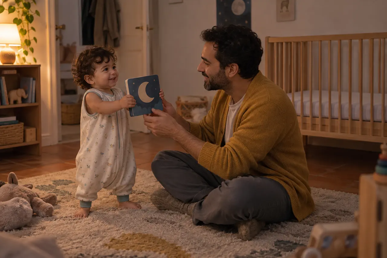 Au coucher, un enfant de 18 mois en turbulette tend un livre à son père : « encore une histoire ! »