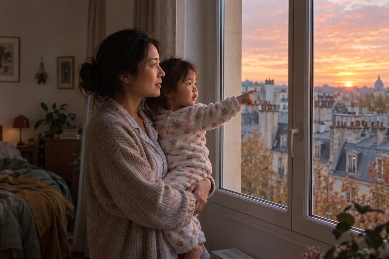 Au lever du jour, une mère et son enfant de 2 ans regardent par la fenêtre.
