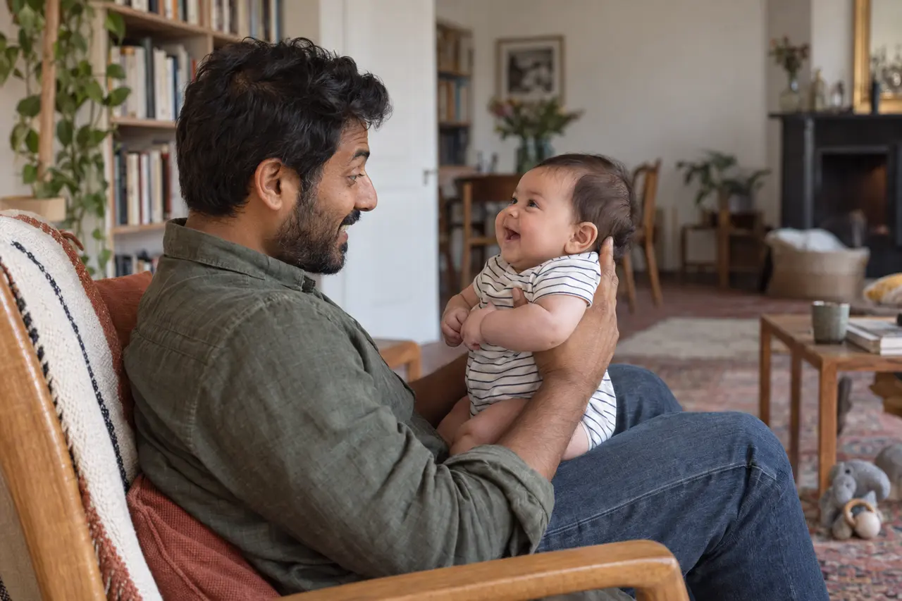 Un père et son bébé de 4 mois se regardent, les yeux dans les yeux.
