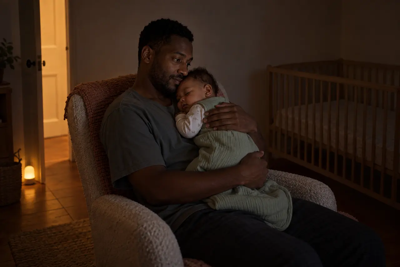 Dans la pénombre, un père assis dans un fauteuil câline son bébé de 6 mois.