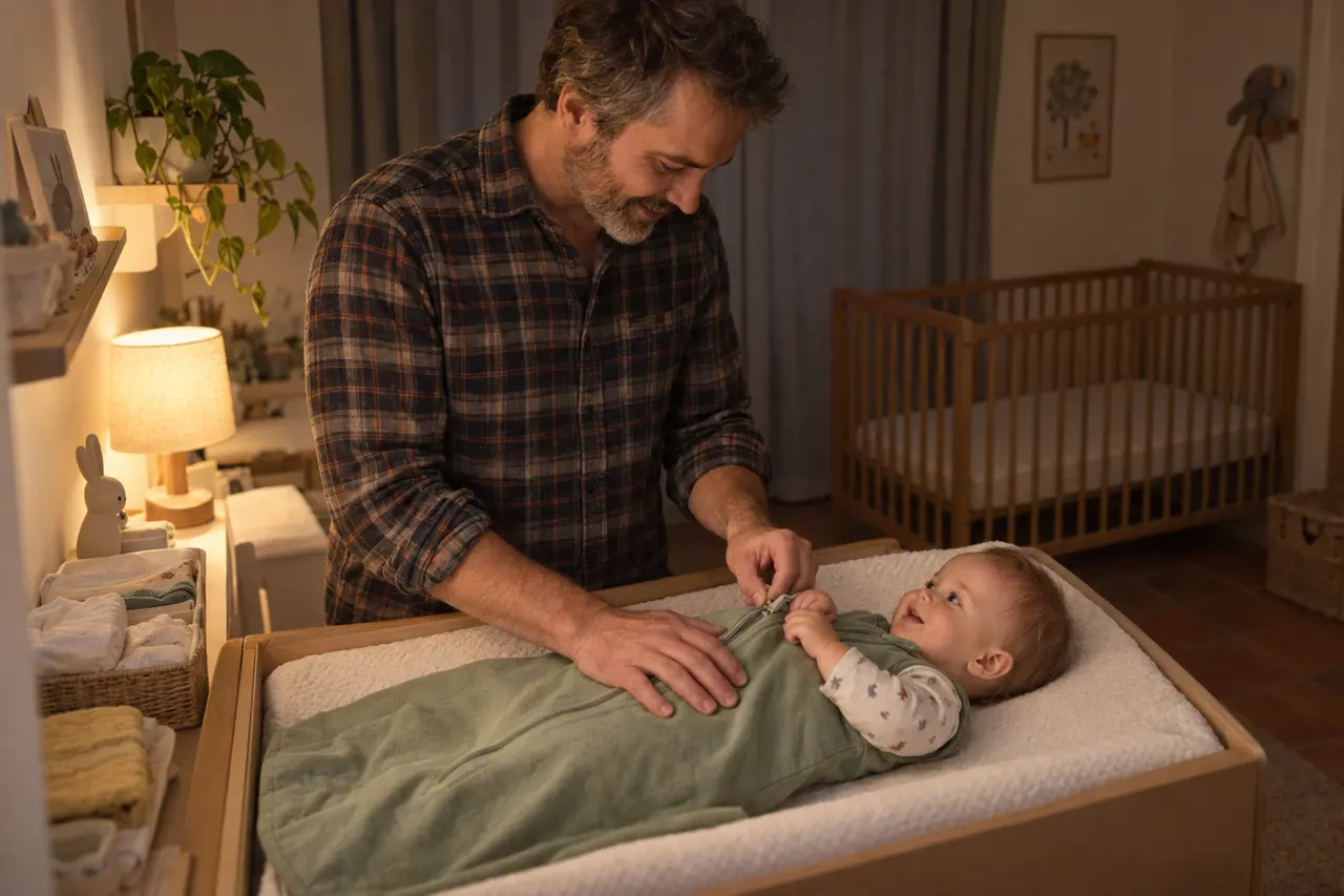 Le soir, un père enfile la turbulette de son bébé de 9 mois sur la table à langer.