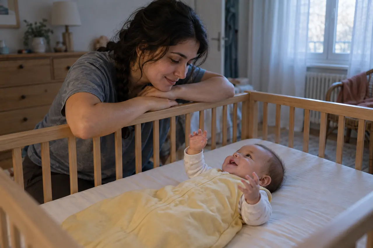 Au petit matin, une mère regarde son bébé de 5 mois qui gazouille, sur le dos dans son lit vide.