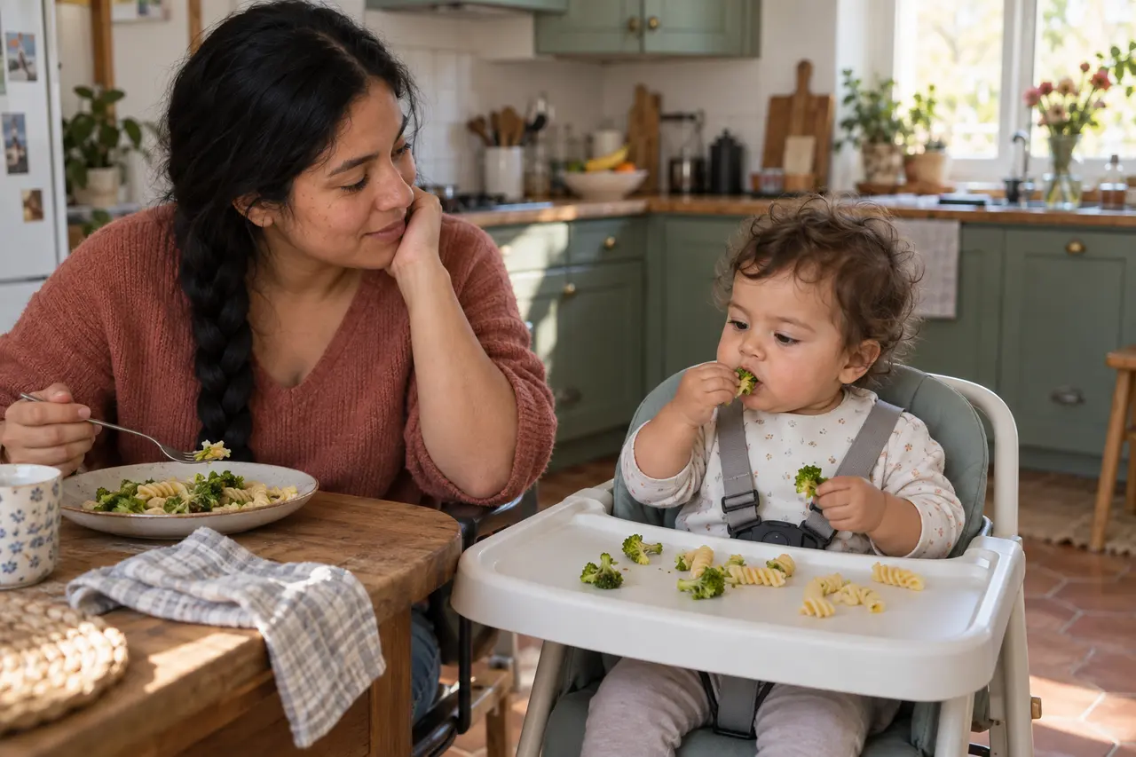 Un enfant de 12 mois mange avec les doigts des bouquets de brocoli, un adulte à côté.