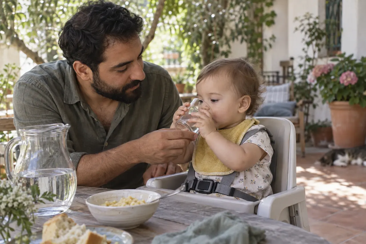 Un enfant de 13 mois boit dans un petit verre, aidé par son père.