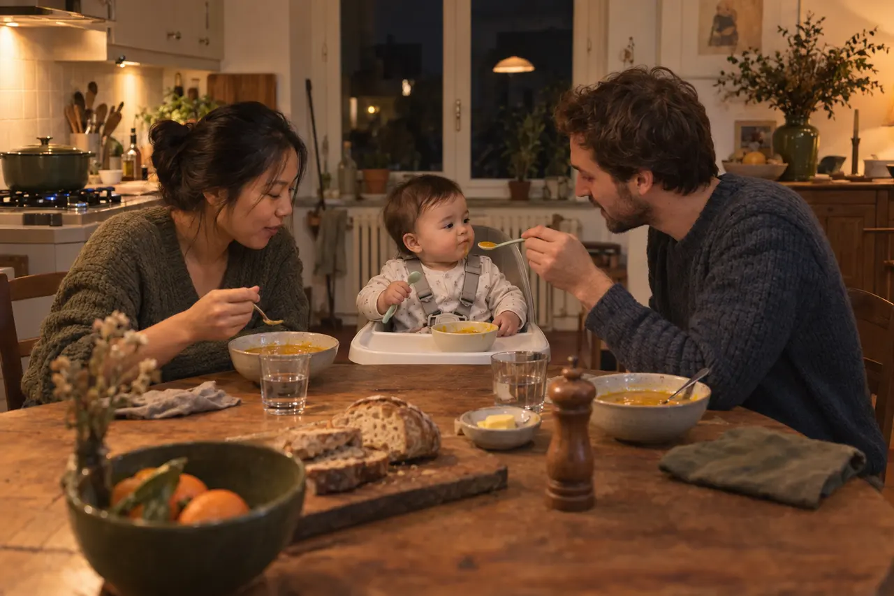 Dîner du soir : un bébé de 10 mois en pyjama mange sa soupe, ses deux parents à table.