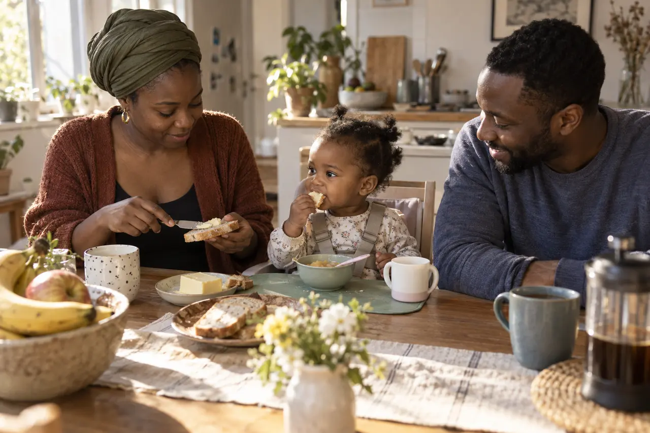 Petit-déjeuner en famille : un enfant de 18 mois mange sa tartine.