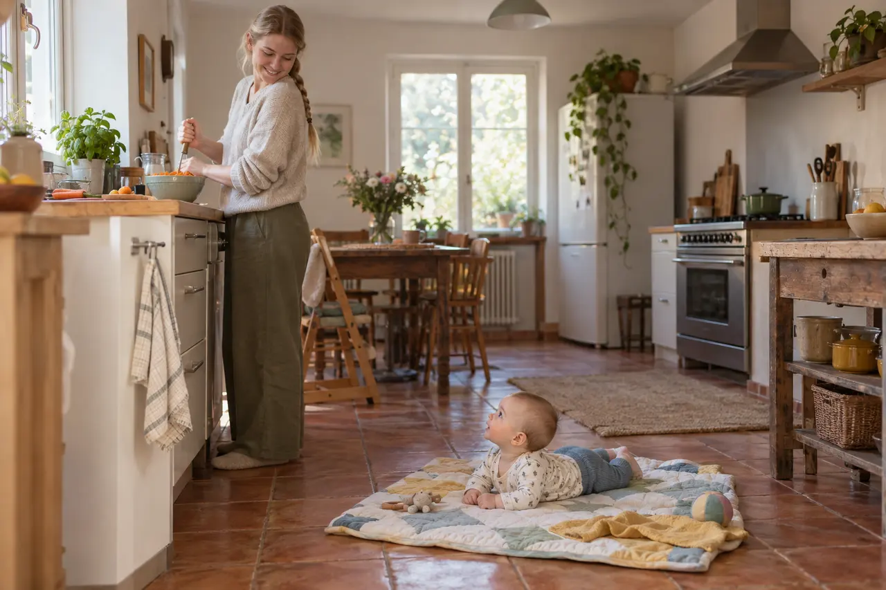 Dans la cuisine, un bébé de 5 mois sur un tapis au sol regarde son parent préparer une purée.