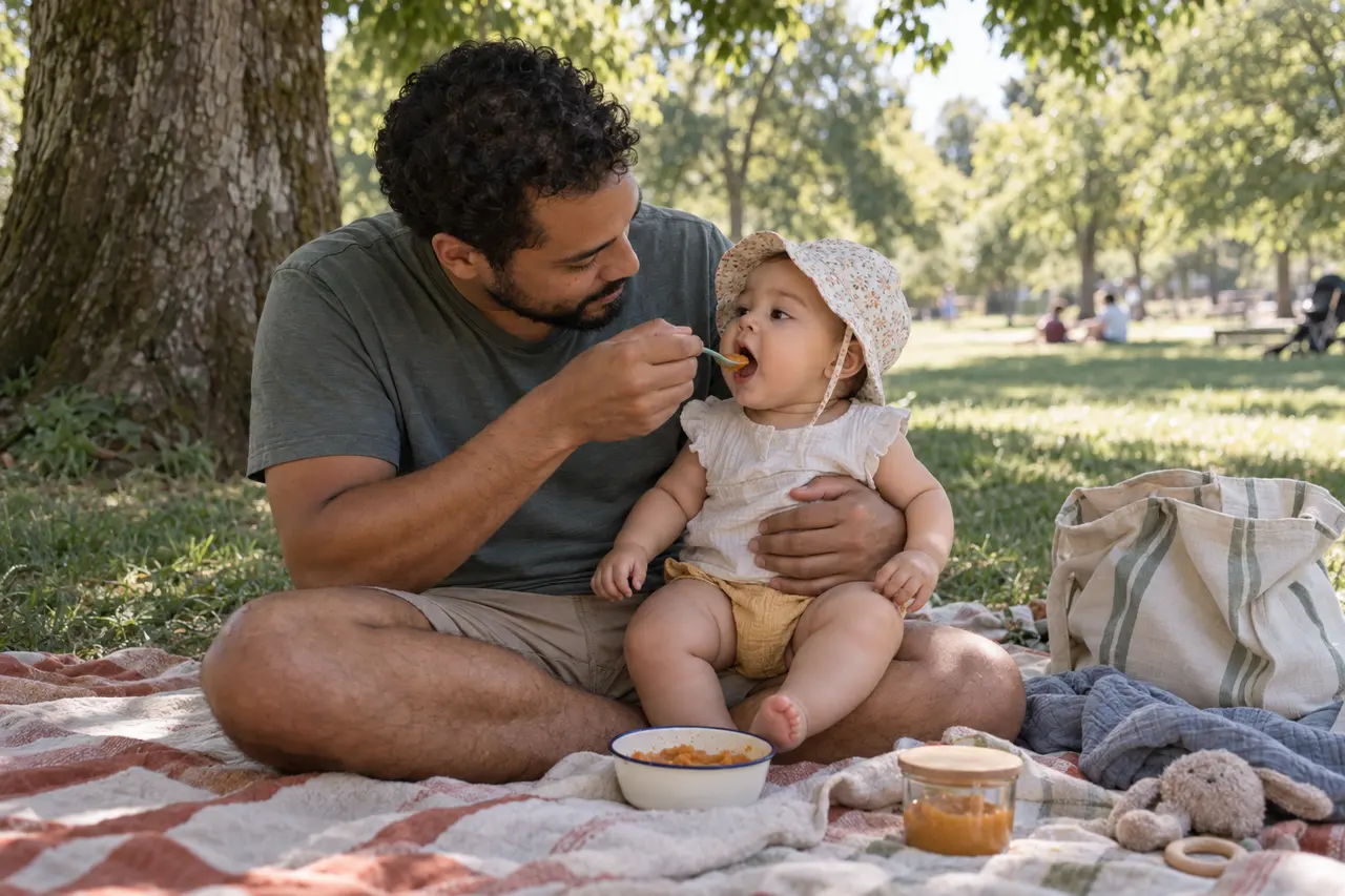 Goûter au parc sur une couverture : une compote maison dans un bol pour un bébé de 7 mois.
